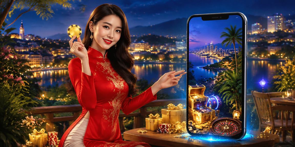 Người phụ nữ mặc áo dài tại Đà Lạt sử dụng điện thoại để xem ưu đãi casino trực tuyến