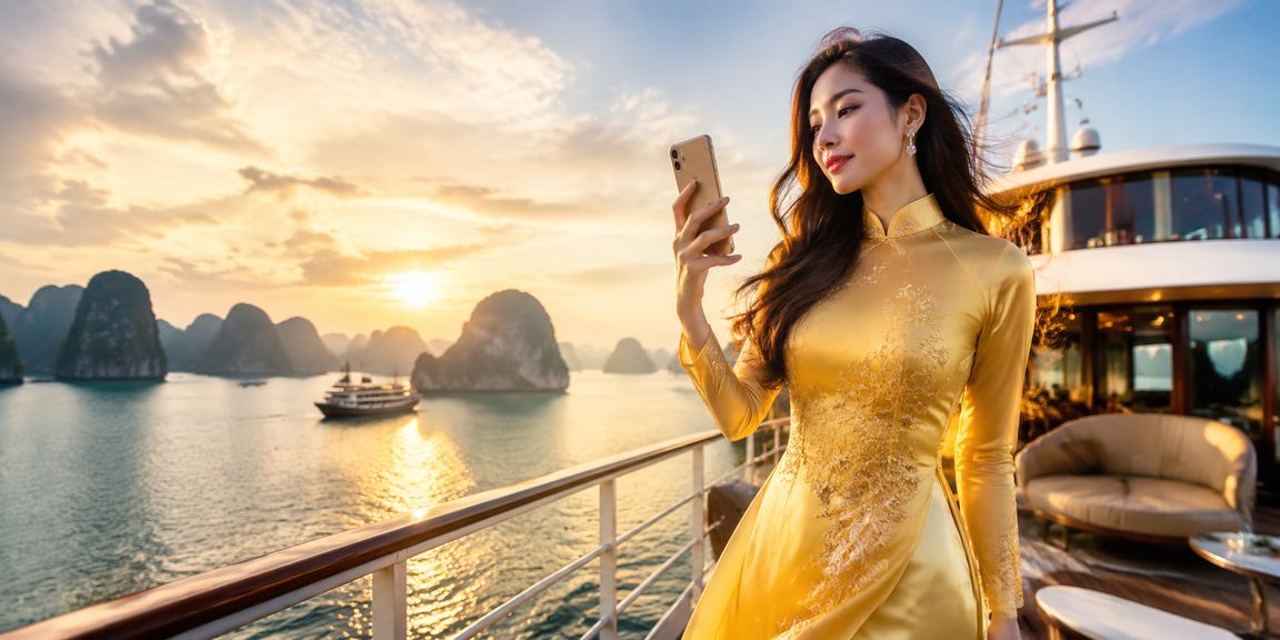 Người phụ nữ mặc áo dài tại Sài Gòn sử dụng điện thoại tham gia casino trực tuyến buổi tối
